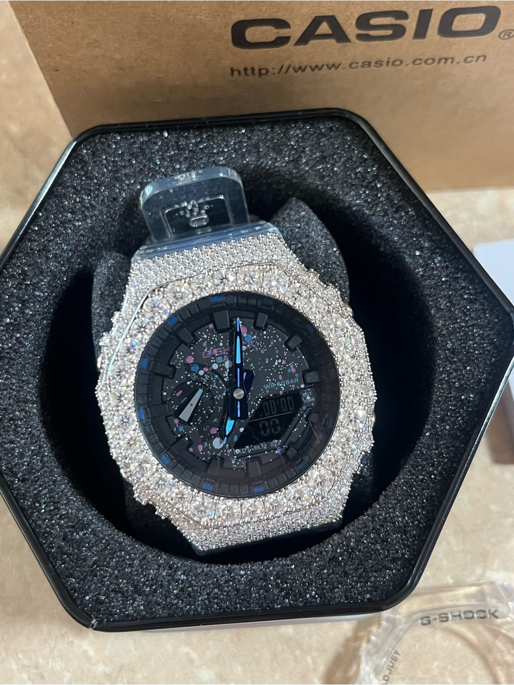 Casio G-Shock Black Dial Watch with Sparkling Silver Crystal Case moissanite